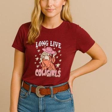 Imagem de T-shirt Algodão Feminina Estamp Cowgirl Mulher Estrela Chapéu Modinha 