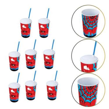 Imagem de Kit 8 Copo de Plástico 550 ML Herói Homem Aranha Com Canudo - Arqplast