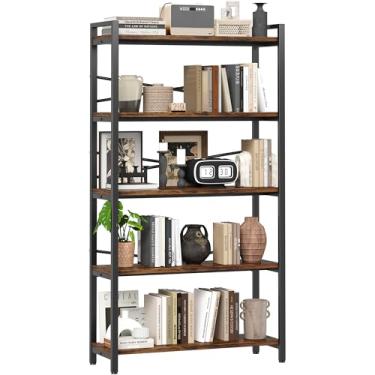 Imagem de Estante de livros de 5 camadas de 80 cm de largura, armazenamento e organização de prateleira de livros alta, estante industrial de madeira e metal, prateleiras grandes para casa, sala de estar,