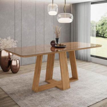 Imagem de Mesa de Jantar 200cm Retangular 6 Lugares com Vidro Canto Arredondado 