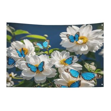 Imagem de Bandeira com quatro furos, bandeiras para todos os climas, flores brancas, borboletas azuis, estampadas, banner decorativo, bandeiras de poliéster adequadas para uso interno e externo 89 x 159 cm