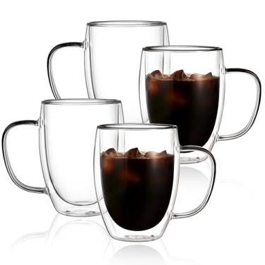 Imagem de CNGLASS Canecas de café de vidro de parede dupla de 340 g (pacote com 4), canecas de vidro isoladas com alça, xícaras de café expresso transparentes para latte, cappuccino, saquinho de chá