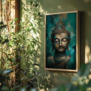 Imagem de Quadro Decorativo Buda Turquesa Com Moldura Arte Zen Espiritualidade Pintura Moderna Oriental Decoração Paz Parede Tranquila