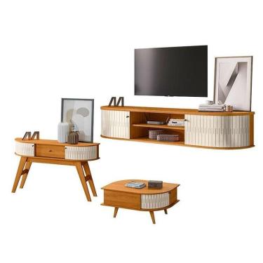 Imagem de Rack Bancada Suspensa Algarve Com Aparador Estoril E Mesa De Centro Indianápolis Cinamomo Off White – Madetec