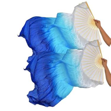 Imagem de TMZAQH Véus de bambu de seda artificial dança do ventre cores 1 par 180 x 90 cm (esquerda + direita) (branco turquesa azul)