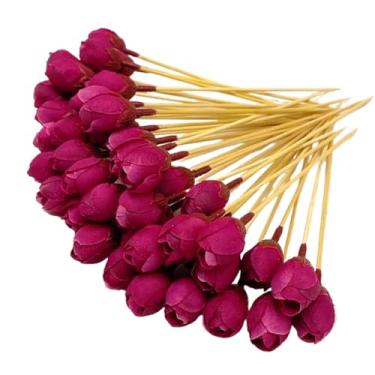 Imagem de 100 palitos de flores vermelhas, palitos extravagantes de 4,7 polegadas para aperitivos, aperitivo de bambu feito à mão, espetos de frutas, palitos de comida para decoração de festa de casamento, dia