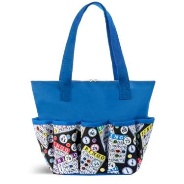 Imagem de Bolsa clássica com estampa preta de bingo com 10 bolsos para daubers e acessórios – bolsa preta portátil com zíper para amantes e jogadores – adultos e idosos (azul)