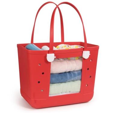 Imagem de CLLTIV Bolsa de praia de borracha, impermeável, bolsa de viagem, lavável, aberta para praia, esportes e piquenique, Vermelho vermelho, Large