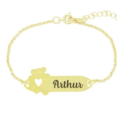 Imagem de Pulseira Personalizada Ursinho Coração Nome Arthur Banhado Ouro 18K - 999017156