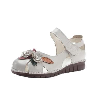 Imagem de Sandálias femininas de couro genuíno com flor vazada, fundo plano, retrô, fechada, bico redondo, confortável, macio, gancho e laço para o verão, lazer, férias na praia, Bege, 33