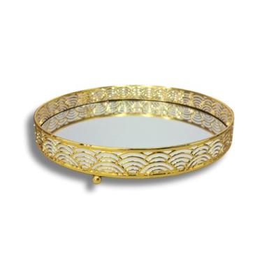 Imagem de Bandeja Luxo Espelhada Redonda de Metal para Decoração de Banheiro, Lavabo e Casa (Dourada)