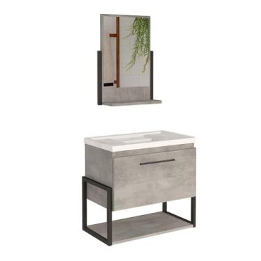 Imagem de Gabinete Suspenso Lavatório Marmorite Ipanema Aço Com Espelheira Banheiro 1 Porta Cinza Cimento