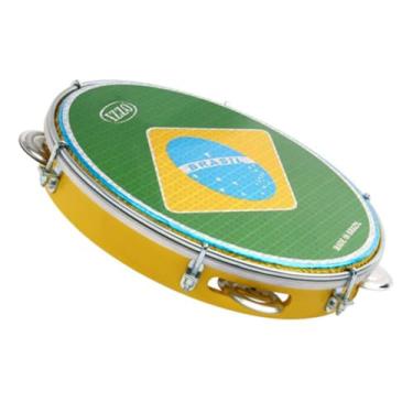 Imagem de Pandeiro Izzo 10" ABS Amarelo com Pele Bandeira do Brasil Corpo Leve e Resistente 6 Afinadores 5 Pares de Platinelas Flandres
