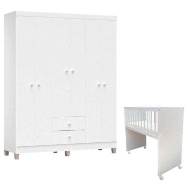 Imagem de Mini Berço Moisés Alegria Com Colchão E Guarda Roupa Ternura Baby 6 Portas Branco Brilho - Incorplac