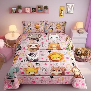 Imagem de Manfei Conjunto de edredom solteiro de animais de desenho animado, urso zebra, tigre feminino, rosa, coleção de cama macia, animais selvagens, para decoração de quarto de meninos e meninas, 2 peças