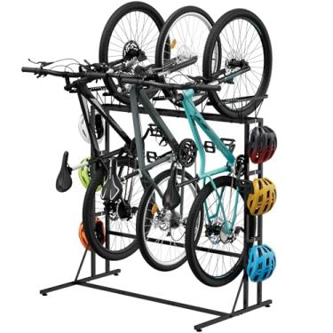 Imagem de OYEAL Suporte de armazenamento de bicicleta para chão de garagem, 4 com 6 ganchos, organizador vertical interno de bicicleta para montanha, estrada e bicicletas infantis, largura máxima do pneu 6,5 cm