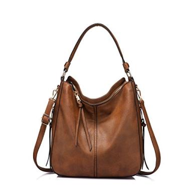 Imagem de Realer Hobo Bolsas transversais femininas de couro de designer Hobo bolsas retrô grande bolsa de ombro bolsa balde, Ferragens marrom-douradas, Large-15.2 inch, Elegante