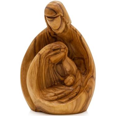 Imagem de Zuluf Estátua de madeira de oliveira esculpida à mão – Presépio de Maria, José e Menino Jesus para decoração de Natal – Estatueta católica de madeira de 11 cm para exibição em casa ou igreja – HOF001