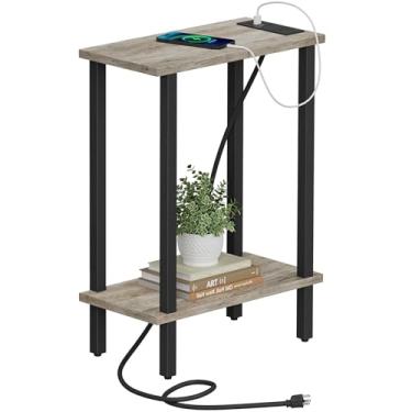 Imagem de TUTOTAK Mesa de canto pequena com estação de carregamento, mesa lateral estreita com portas USB e tomadas, mesa de sofá skinny, mesa de cabeceira fina, sala de estar, quarto, Greige TB01BG060