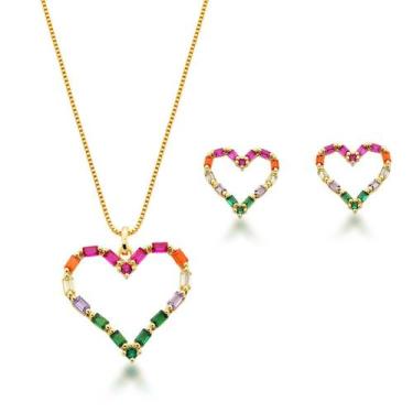 Imagem de Conjunto Colar e Brincos Coração vazado colorido Banhado a Ouro 18k - 