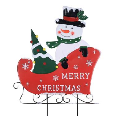 Imagem de YEAHOME Decorações de Natal ao ar livre, boneco de neve de metal com trenó estacas decorativas de jardim para quintal ao ar livre, placas de Feliz Natal para varanda externa gramado caminho decoração