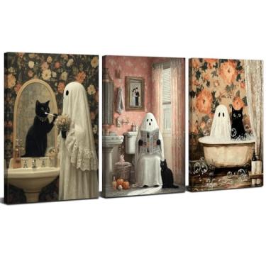 Imagem de Arte de parede de banheiro fantasma de Halloween decoração de parede gótica engraçada imagens sombrias fantasma de terror e gato preto no banheiro, impressão em tela, arte emoldurada para quarto