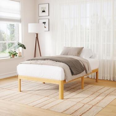 Imagem de Yoshiely Estrutura de cama solteiro de madeira de bambu de 35,5 cm com design de perna de ferro, estrutura de cama de suporte de ripas de metal para uso duplo, resistente, sem necessidade de mola box