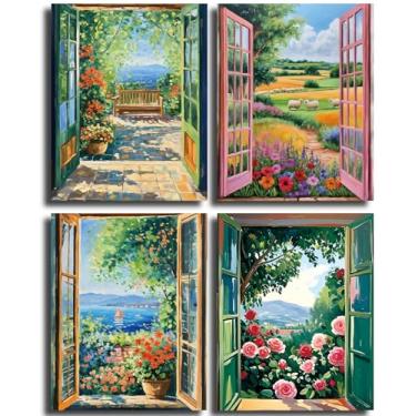Imagem de Arte de parede em tela de janela aberta de 4 peças, conjunto de paisagem natural sem moldura, 20 x 25 cm, estampa floral colorida abstrata à beira-mar para decoração de casa