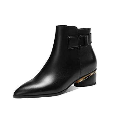 Imagem de TinaCus Bota feminina de couro legítimo de bico fino, feita à mão, salto baixo grosso, zíper lateral, elegante, cano curto, Preto, 36