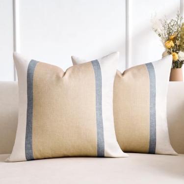 Imagem de Almofadas com capas 30,5 x 30,5 cm Patchwork Accent Fronhas decorativas de linho branco, cinza e bege, capa de almofada moderna listrada, decoração de casa, capa de almofada para sofá, cama, carro