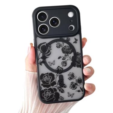 Imagem de Yeddabox Capa compatível com 17 Pro com MagSafe, capa preta rosa flor 17 Pro para mulheres e meninas, capa fina à prova de choque macia TPU bumper rígida PC capa traseira para telefone - rosa preta