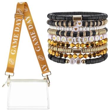 Imagem de Tondiamo 2 peças bolsa transversal transparente para dia de jogo e pulseira elástica empilhável com contas Heishi para roupa de evento de estádio de futebol, Amarelo, Dia de jogo