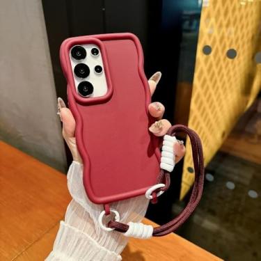 Imagem de Capa de silicone macia com borda ondulada 3D para Samsung Galaxy S24, S25 Ultra Plus, S24ultra, S25, alça de pulso, capa à prova de choque, vinho tinto, para Galaxy S25 Ultra