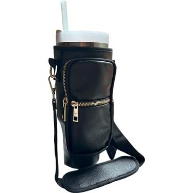 Imagem de Resin & Reed Bolsa de transporte para garrafa de água com carteira de telefone, compatível com Stanley de 1,134 g e outros copos (couro preto)