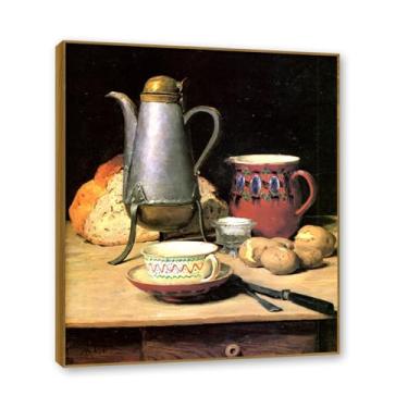 Imagem de Moldura externa de teca. Famosas pinturas a óleo, (café e batatas) de Albrecht Anker, reprodução impressa em tela, arte de cenário para decoração de sala de estar. 40 x 48 cm - 15,7 x 18,9 pol