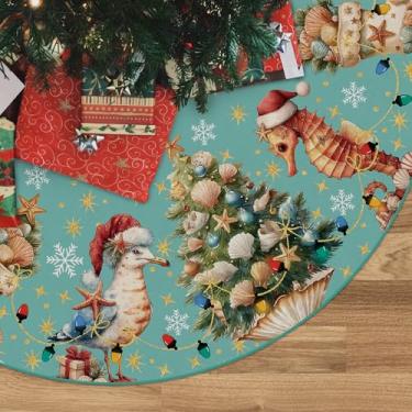 Imagem de QIONG MENG Saia para árvore de Natal, ciano, litoral, decoração de Natal, tapete de praia, árvore de Natal, 122 cm, decorações de inverno para casa