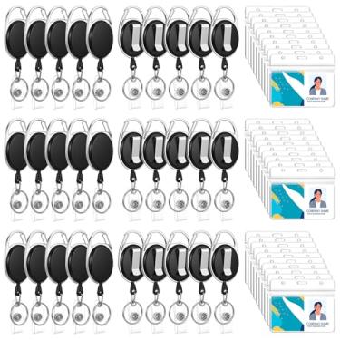 Imagem de Pacote com 60 porta-crachás retrátil, carretel de crachá preto resistente com porta-cartões de identificação verticais à prova d'água, extensor de chaveiro retrátil para funcionários de escritório