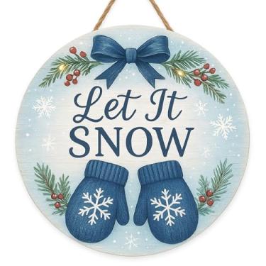 Imagem de Let It Snow Guirlanda de inverno, guirlandas de Natal para porta da frente, luvas azuis rústicas de madeira, decoração de floco de neve, sinal de casa de fazenda, janela de parede, exterior, interior