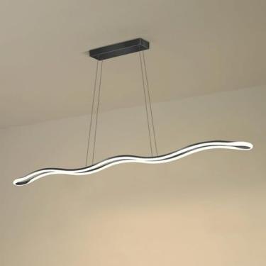 Imagem de Lustre Industrial Linear Pendente Luz para Ilha de Cozinha Preto Long Strip Teto Pendurado Lâmpada Ouro Branco Moderno Lustre Linear com Controle Remoto para Restaurante Bar, Escuro