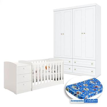 Imagem de Berço Multifuncional Atlanta e Guarda Roupa Americano 4 Portas Henn Branco Fosco com Colchão Ortobom - Reller