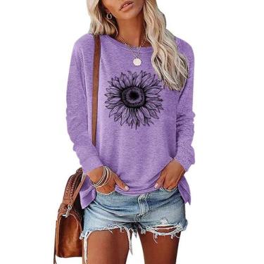 Imagem de Camiseta feminina BAOKUAN com estampa de girassol e manga comprida