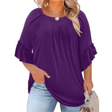 Imagem de Blusas femininas elegantes plus size com babados, manga curta, roxa - 