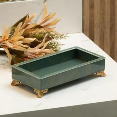 Imagem de Bandeja de Vidro com Efeito Mármore 20x10 – Bandeja Decorativa Multiuso para Joias, Banheiro e Sala (VERDE COM DOURADO,COM O PÉ)