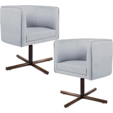 Imagem de Kit 02 Poltronas Decorativas Giratória Base X Betina D02 Linho Cinza D-315 - Lyam Decor