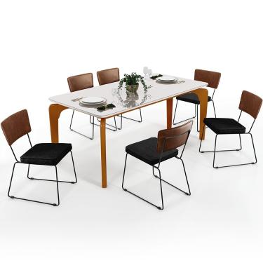 Imagem de Mesa Capri 160cm Off White Com 6 Cadeiras Allana B05 Couríssimo Marrom Linho Chumbo - Lyam Decor