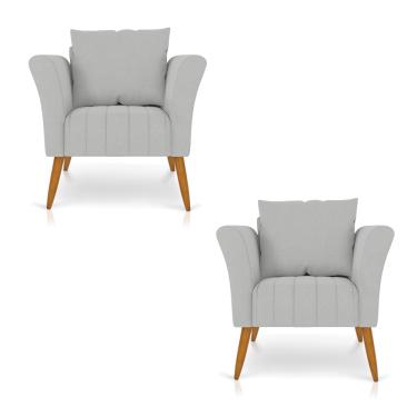 Imagem de Kit 02 Poltronas Marilia Linho Cinza A05 Pés Palito Castanho D03 - D'Rossi