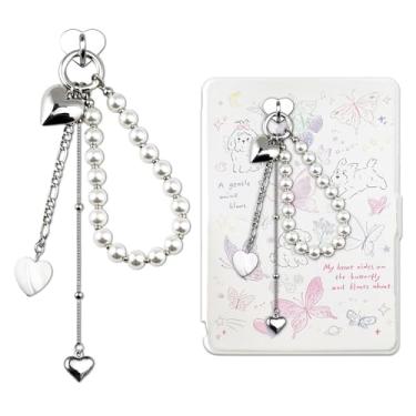 Imagem de OWIGIU Pulseira de corrente de pingente Kindle para capa de berloques de telefone, acessórios Kindle para amantes de livros, pingente de coração fofo, gancho, pingentes de coração prateados para