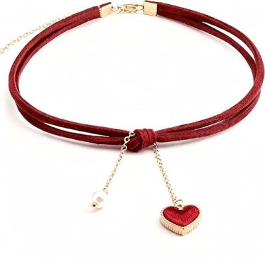 Imagem de BIIQAKOO Conjunto de colar gargantilha de veludo gargantilha gótica punk clássica em formato de coração vermelho