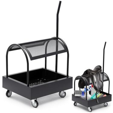 Imagem de Datanly Carrinho de selim de metal preto com caixa de armazenamento organizador de cuidados integrado para selas do inglês ocidental rodas giratórias de 360° rodas giratórias resistentes