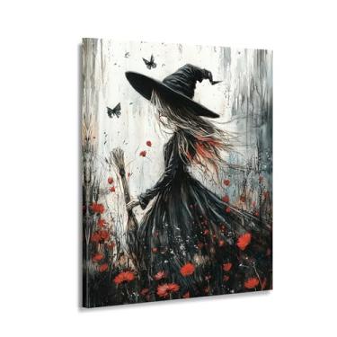 Imagem de CANLUNTE Arte de parede em tela de decoração moderna linda bruxa prety girl - Vestido floral fantasia pintura em tela para sala de estar (arte 2,8 cm x 45,7 cm sem moldura)